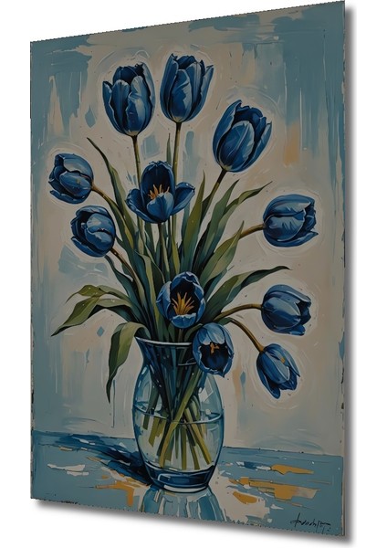 Mavi Lale Yağlı Boya Görünümlü Sanat Ahşap Dekoratif Tablo Dikdörtgen Tablo modelleri