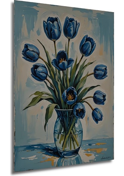 Mavi Lale Yağlı Boya Görünümlü Sanat Ahşap Dekoratif Tablo Dikdörtgen Tablo fırsatları
