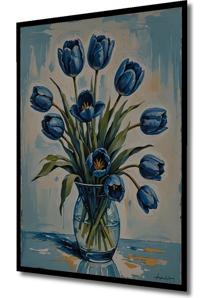 Mavi Lale Yağlı Boya Görünümlü Sanat Ahşap Dekoratif Tablo Dikdörtgen Tablo indirimleri