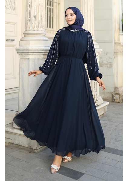 Kolu Taşlı Şifon Abiye Elbise 5804-02 Lacivert fiyatları