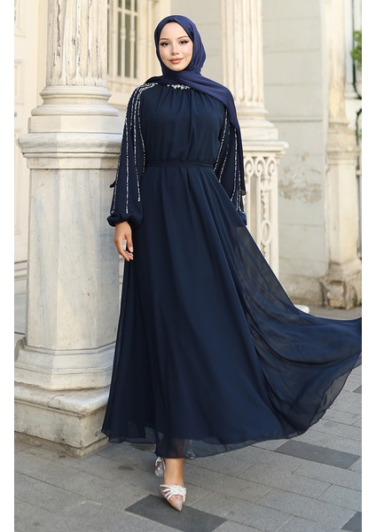 Kolu Taşlı Şifon Abiye Elbise 5804-02 Lacivert modelleri