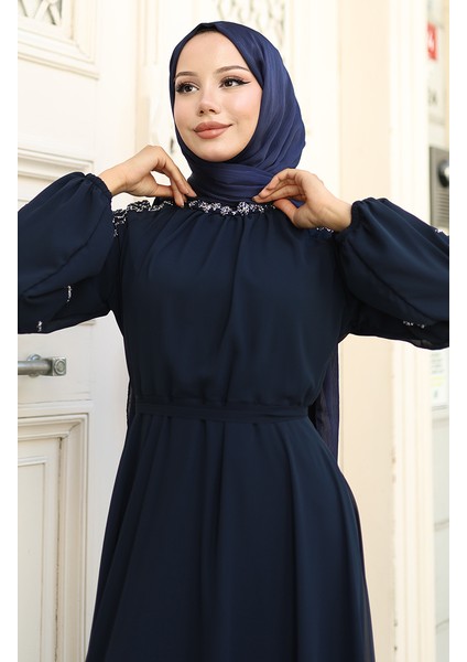 Kolu Taşlı Şifon Abiye Elbise 5804-02 Lacivert fırsatları