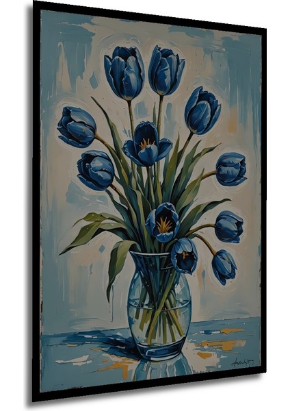 Mavi Lale Yağlı Boya Görünümlü Sanat Ahşap Dekoratif Tablo Dikdörtgen Tablo