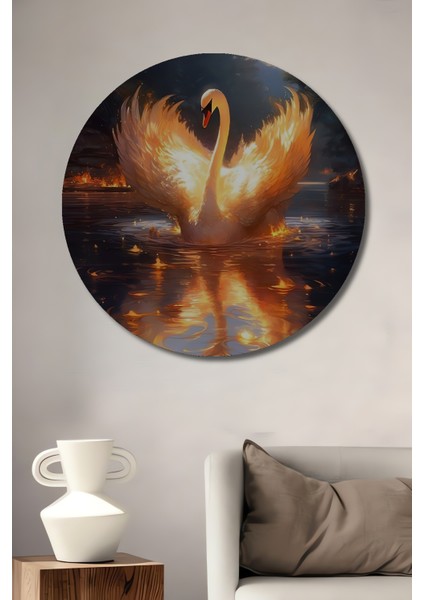 Alev Kanatlı Kuğu Yağlı Boya Görünümlü Dekoratif Ahşap Tablo Yuvarlak Tablo