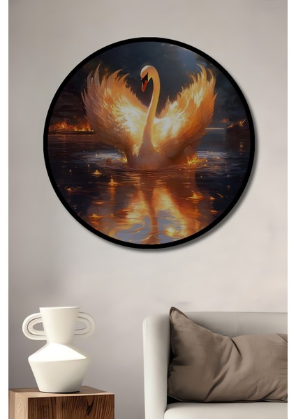 Alev Kanatlı Kuğu Yağlı Boya Görünümlü Dekoratif Ahşap Tablo Yuvarlak Tablo fiyatları