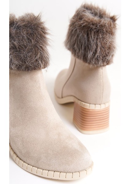 Inka Fermuarlı Ortopedik Taban Suya ve Soğuğa Dayanıklı Tüylü Topuklu Süet Kadın Bot Kt Krem fiyatları
