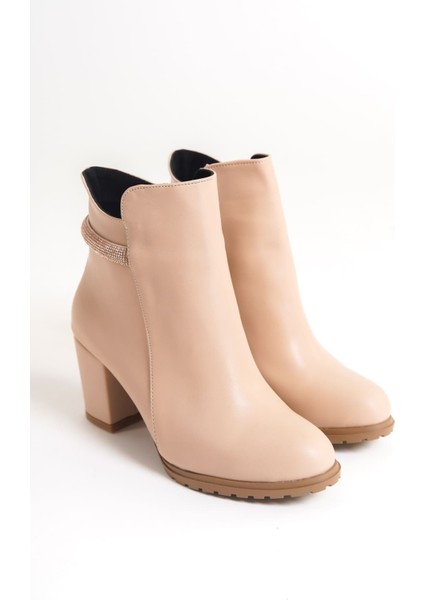 Marıs Fermuarlı Ortopedik Taban Suya ve Soğuğa Dayanıklı Taşlı Topuklu Kadın Bot Tt Ten
