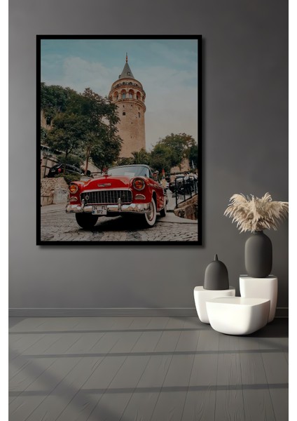 Galata Kulesi ve Kırmızı Araba Yağlı Boya Görünümlü Ahşap Dekoratif Tablo Dikdörtgen Tablo fiyatları