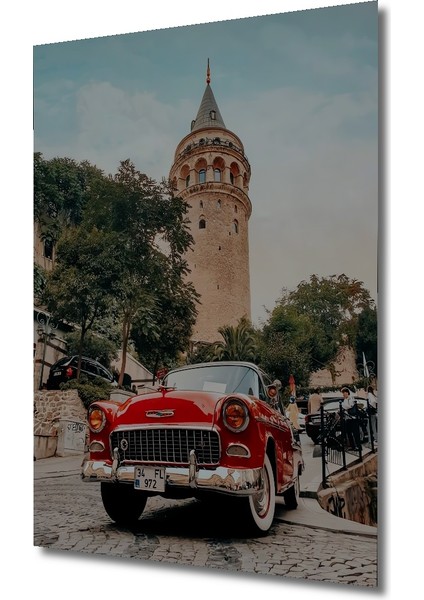 Galata Kulesi ve Kırmızı Araba Yağlı Boya Görünümlü Ahşap Dekoratif Tablo Dikdörtgen Tablo modelleri