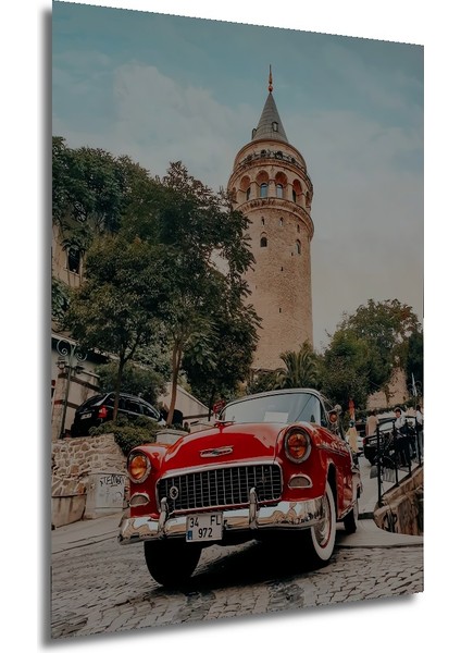 Galata Kulesi ve Kırmızı Araba Yağlı Boya Görünümlü Ahşap Dekoratif Tablo Dikdörtgen Tablo fırsatları