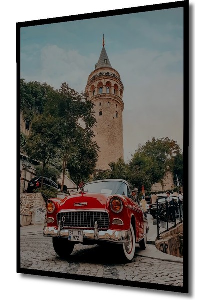 Galata Kulesi ve Kırmızı Araba Yağlı Boya Görünümlü Ahşap Dekoratif Tablo Dikdörtgen Tablo indirimleri