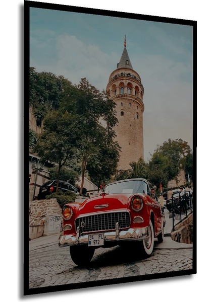 Galata Kulesi ve Kırmızı Araba Yağlı Boya Görünümlü Ahşap Dekoratif Tablo Dikdörtgen Tablo