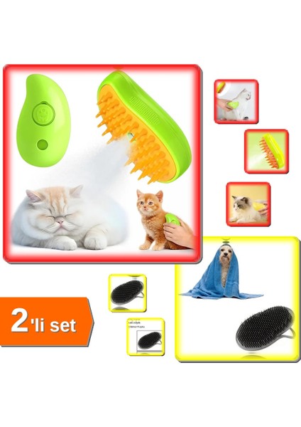 Buharlı Tüy Tarama Fırçası + Kedi - Köpek Için – Yumuşak Silikon Uçlu Yıkama & Tımar 2li Set VJ8B3X