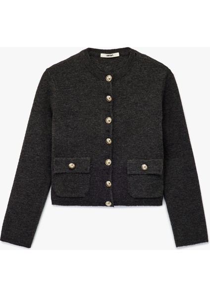 Cepli Gold Düğme Detaylı Uzun Kollu Bisiklet Yaka Triko Hırka