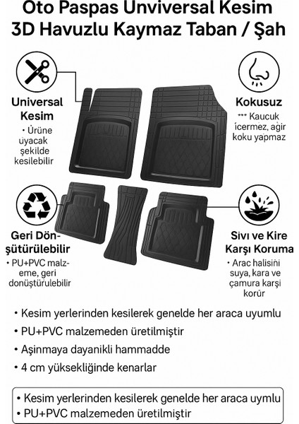 Universal Kesim 3D Havuzlu Oto Paspas Takımı | 5 Parça | Pu+Pvc - Kokusuz ve Yıkanabilir fiyatları