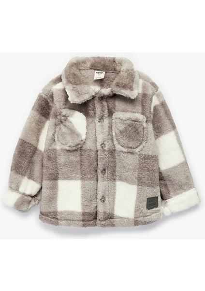 Uzun Kollu Cepli Düğme Detaylı Ekoseli Peluş Mont