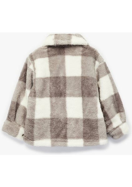 Uzun Kollu Cepli Düğme Detaylı Ekoseli Peluş Mont fiyatları
