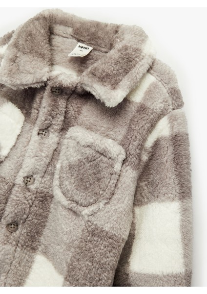 Uzun Kollu Cepli Düğme Detaylı Ekoseli Peluş Mont modelleri