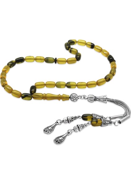 Ateş Kehribar Tesbih - Kararmaz Metal Damla Püsküllü - Soft Sarı Siyah - Mini Boy - Kapsül Kesim