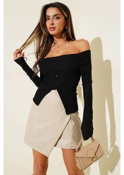 Madonna Yaka Düğmeli Bluz Siyah T4329