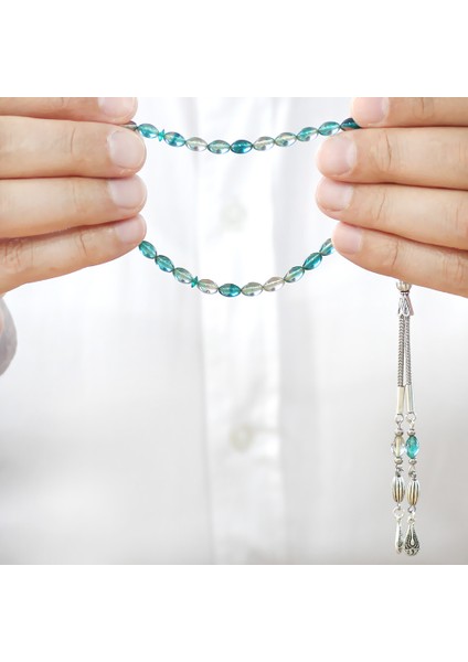 Ateş Kehribar Tesbih - Kararmaz Metal Damla Püsküllü - Su Yeşili Turkuaz - Mini Boy - Arpa Kesim fırsatları