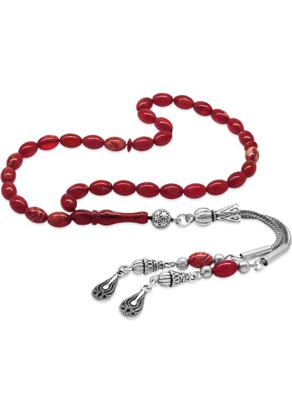 Ateş Kehribar Tesbih - Kararmaz Metal Damla Püsküllü - Kırmızı Beyaz - Mini Boy - Arpa Kesim