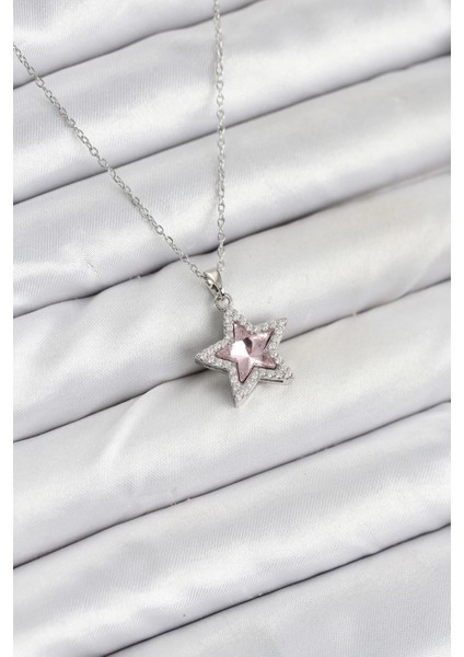316L Çelik Zincir Gümüş Renk Pembe Taşlı Yıldız Model Kadın Kolye - TJ-BKO10620