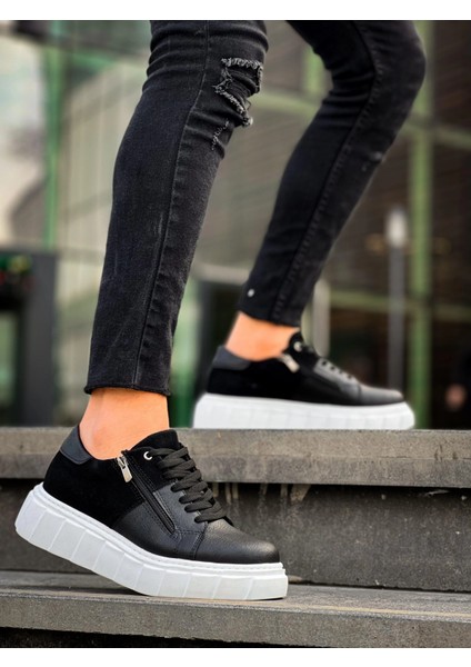 KB-X155 Kuback Siyah Cilt Siyah Süet Detaylı Beyaz Yüksek Taban Günlük Spor Ayakkabı fiyatları