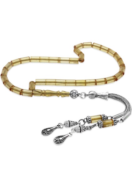 Ateş Kehribar Tesbih - Kararmaz Metal Damla Püsküllü - Saman Sarı - Mini Boy - Kesme Kesim