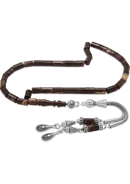 Ateş Kehribar Tesbih - Kararmaz Metal Damla Püsküllü - Ebruli - Mini Boy - Kesme Kesim