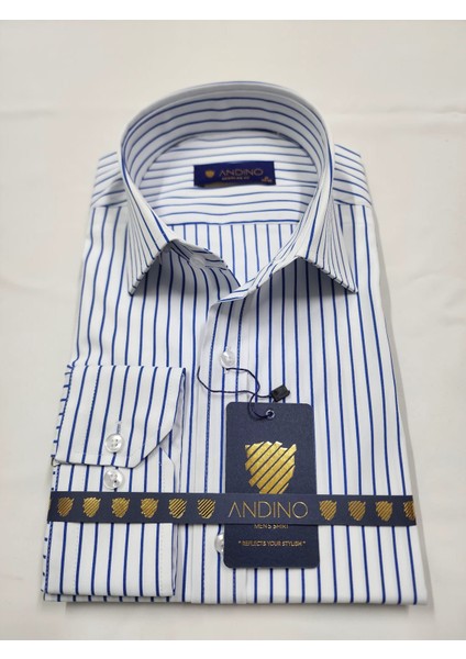 Regularfit Koyu Mavi Çizgili Erkek Gömlek Likralı Esnek Kumaş Yaka Alttan Düğmeli AR0720711-02
