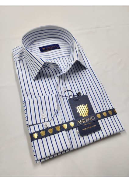 Regularfit Koyu Mavi Çizgili Erkek Gömlek Likralı Esnek Kumaş Yaka Alttan Düğmeli AR0720711-02 fırsatları