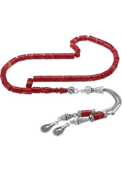 Ateş Kehribar Tesbih - Kararmaz Metal Damla Püsküllü - Kırmızı Beyaz - Mini Boy - Kesme Kesim