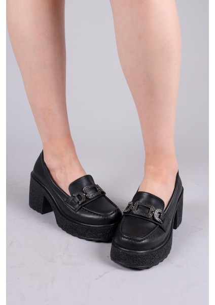 Ferlac Taşlı Tokalı Kalın Topuklu Loafer Siyah