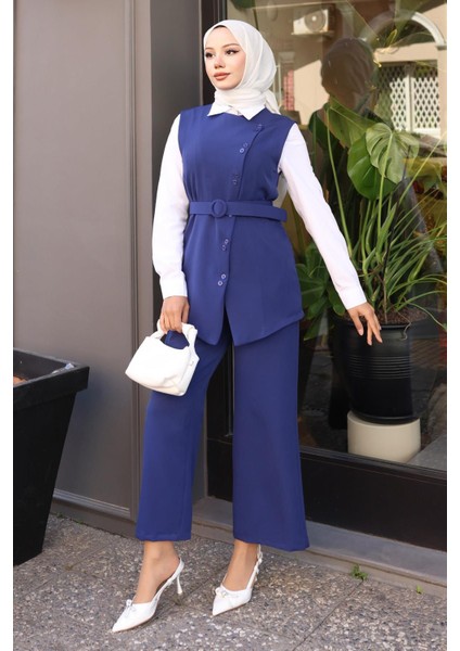 Kemerli Yelek Pantolon Takım Indigo 19250