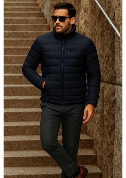 Erkek Kışlık Basic Dik Yaka Fermuarlı K.lacivert Şişme Mont modelleri