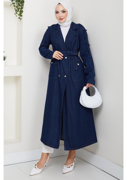 Kadın Cepli Kuşaklı Denim Lacivert Trençkot