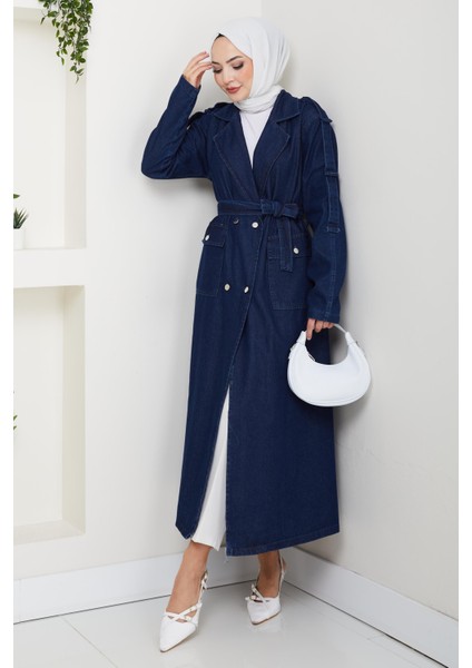 Kadın Cepli Kuşaklı Denim Lacivert Trençkot fiyatları