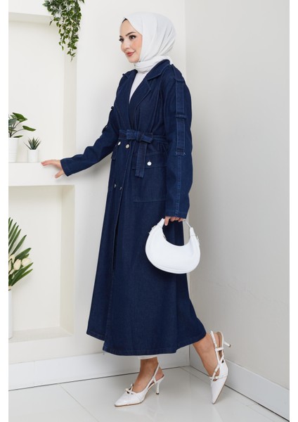 Kadın Cepli Kuşaklı Denim Lacivert Trençkot modelleri