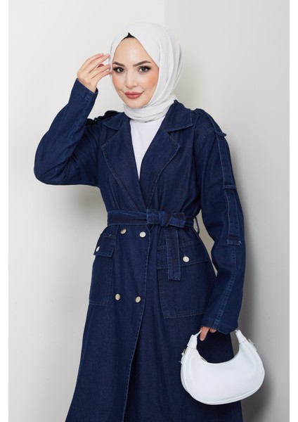 Kadın Cepli Kuşaklı Denim Lacivert Trençkot fırsatları
