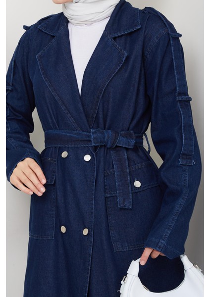 Kadın Cepli Kuşaklı Denim Lacivert Trençkot indirimleri