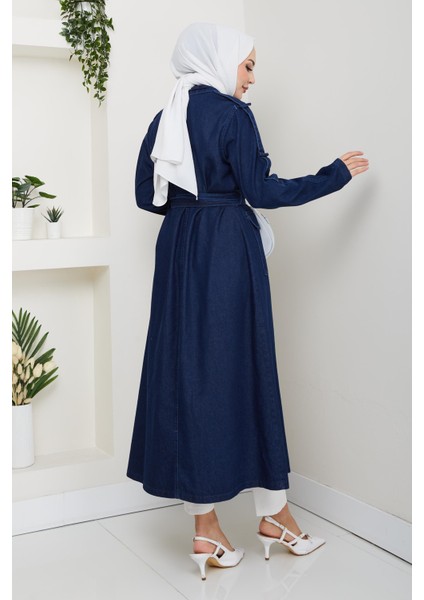 Kadın Cepli Kuşaklı Denim Lacivert Trençkot