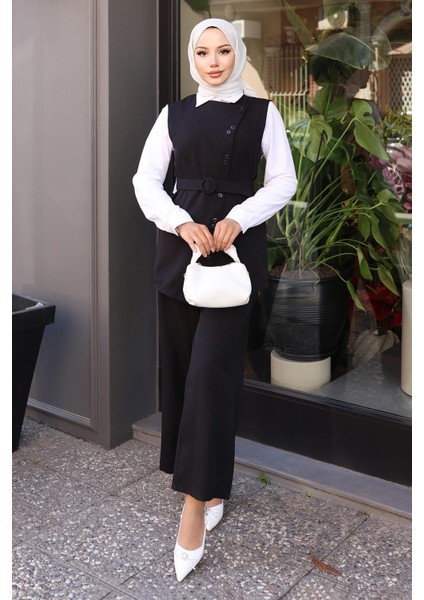 Kemerli Yelek Pantolon Takım Siyah 19250