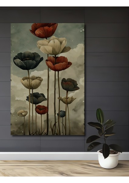 Koyu Gri ve Kırmızı Laleler Yağlı Boya Görünümlü Ahşap Dekoratif Tablo Dikdörtgen Tablo