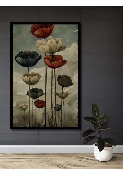 Koyu Gri ve Kırmızı Laleler Yağlı Boya Görünümlü Ahşap Dekoratif Tablo Dikdörtgen Tablo fiyatları