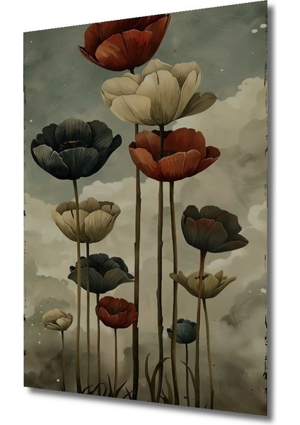 Koyu Gri ve Kırmızı Laleler Yağlı Boya Görünümlü Ahşap Dekoratif Tablo Dikdörtgen Tablo modelleri