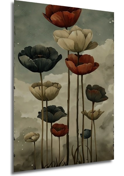 Koyu Gri ve Kırmızı Laleler Yağlı Boya Görünümlü Ahşap Dekoratif Tablo Dikdörtgen Tablo fırsatları