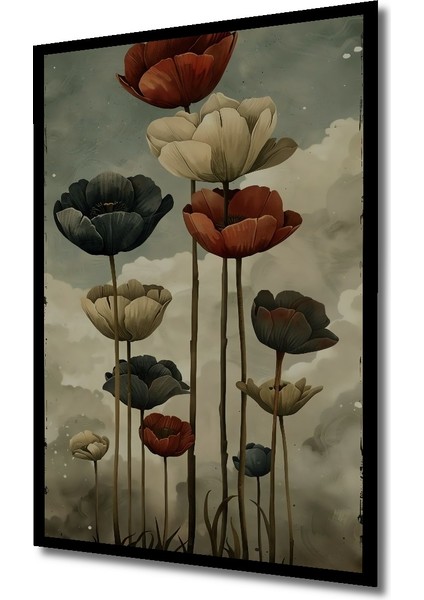 Koyu Gri ve Kırmızı Laleler Yağlı Boya Görünümlü Ahşap Dekoratif Tablo Dikdörtgen Tablo indirimleri