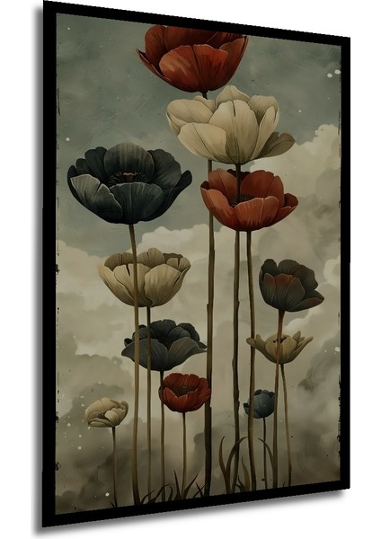 Koyu Gri ve Kırmızı Laleler Yağlı Boya Görünümlü Ahşap Dekoratif Tablo Dikdörtgen Tablo