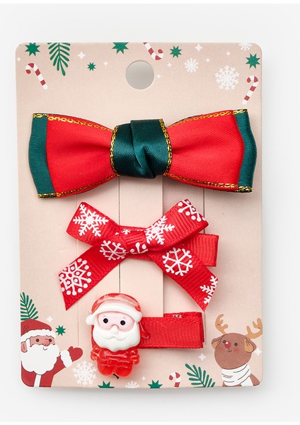 Kırmızı Noel Baba Figürlü Kız Çocuk 3'lü Klips Toka Set